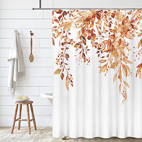 Tititex Orange Eucalyptus Shower Curtain Sets, Watercolor Leaves on The Top Plant with Floral Bathroom Decoration 72x84 Inch with Hooks