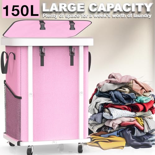 Image of 150L (40 Gal) Large Fashion Laundry Basket with Wheels, Leather Patchwork Rolling Hamper Carts, Sturdy Metal Frame, Removable Washable Bag, Tall Clothes Sorter for Bedroom, Laundry Room - Pink
