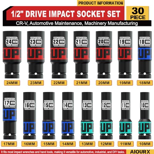 Image of 30 Piece 1 /2 inch Drive Impact Socket Set, SAE (5 /16 inch- 1 inch) and Metric (10mm-24mm) Deep Socket, Including Impact Extension Bar 3 inch, 5 inch, 10 inch, CR-V, Automotive Maintenance, Machinery Manufacturing