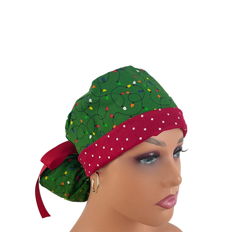 Turn Up Ponytail Medical Scrub Cap - Christmas Lights/Dots - Dr. Hats, Nurses Hats. Bouffant Scrub Hats. Unisex Scrub Cap. Scrub Hat for Women & Men tie Back | Working Cap