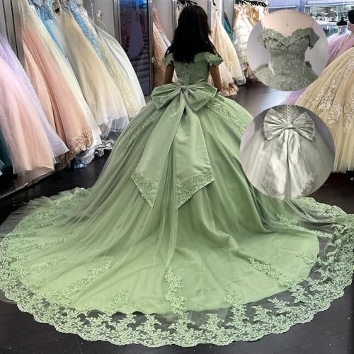 Gorgeous Off Shoulder Quinceanera Dresses Puffy Long Ball Gown with Train Lace Beaded Tulle Sweet 16 Dresses3