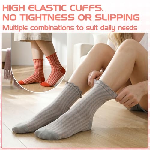 Image of 6 Pairs Women Ruffle Striped Frilly Socks, Cute Checkered Ankle Sock for Women Cotton Knit Casual Crew Socks