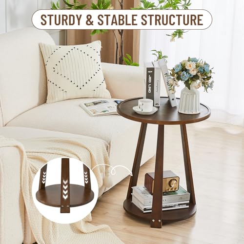 Image of Uniclinens Round End Table, Solid Wood Round Side Coffee Table, Small Bedside Nightstand for Living Room Bedroom, Walnut