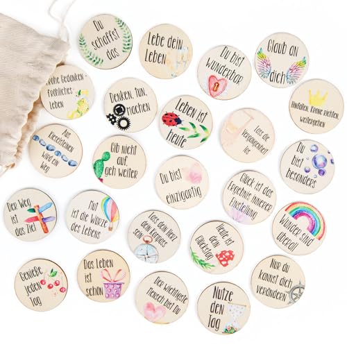 Kleine Holztaler mit Sprüchen, 24 Stück: Holz-Glückstaler Beschriftet, Motivationssteine-Set, Mit Stoffsäckchen, Als Deko & Glücksbringer, Ideal Für Geburtstag, Hochzeit, Taufe, Seminar, Bunt, Ø 4 cm