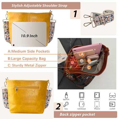 Image of Hobo Bags Vegan Leather Crossbody Bag Guitar Strap Shoulder Purses with Zipper Handbags for Women