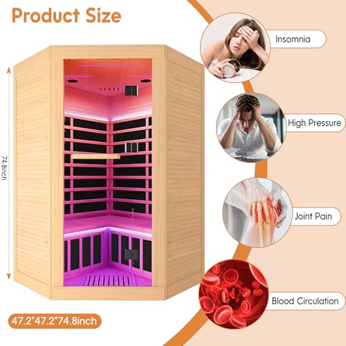 Image of OUTEXER 2-3 Person Sauna Corner Sauna Far Infrared Saunas Room Home Canadian Hemlock Indoor 2100W Low-EMF Dry Saunas with 7 Color Therapy 47.2 * 47.2 * 74.8inch