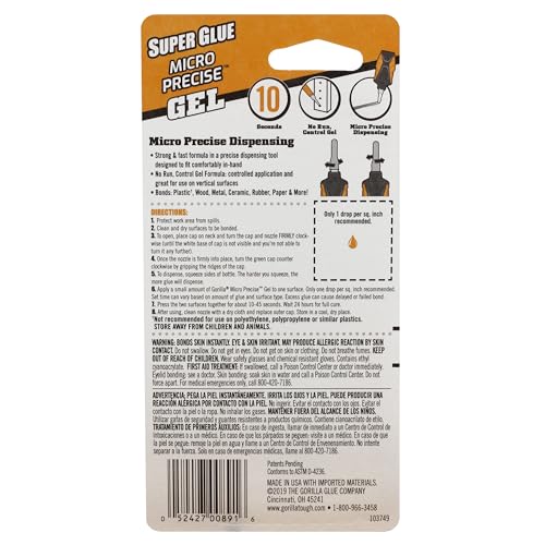 Image of Gorilla Micro Precise Super Glue Gel, Cyanoacrylate Glue, Fast Setting, Precise Dispensing Tool, Anti-Clog Cap, Clear, 5.5g, (Pack of 3)