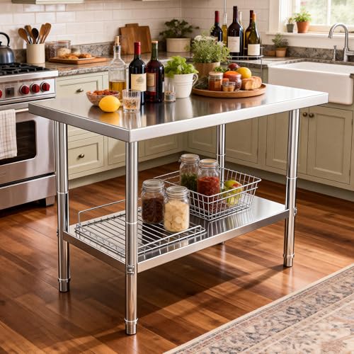Image of DWVO 30x24in Stainless Steel Table with Adjustable Shelf | NSF Metal Prep Worktable for Kitchen Restaurant Hotel Garage Warehouse Home Commercial