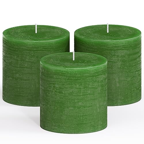 CANDWAX 7.6x7.6 cm Green Pillar Candles Set of 3, Rustic Unscented Smokeless Dripless Pillars