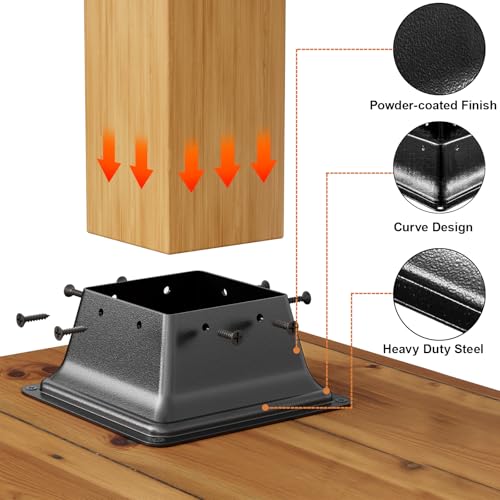 FMhotu 4x4 Post Base 2Pcs, Internal 3.6"x3.6" Heavy Duty Powder-Coated Steel Post Bracket Fit for 4x4 Standard Wood Post Anchor, Decking Post Base for Deck Porch Handrail Railing Support with Screws