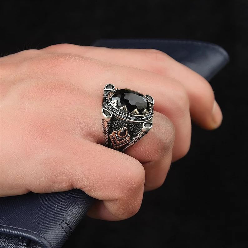 Onyx Ring for Men S925 Sterling Silver Black Onyx Gemstone Turkish Silver Ring, Handmade Engraved Black Zircon Stone Silver Ring for Men Vintage Pattern Men's Luxury Fine Jewelry Gift for him Farther2