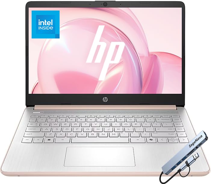 Image of HP 14 inch Laptop Computer with Microsoft Office 365, 128GB UFS, 4GB RAM, Intel N150 Processor, Windows 11, Home & Office, Pale Rose Gold