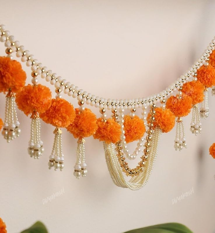 Image of Divyakosh Fabric and Beads Marigold Flower with Moti Toran(Size 4 FT / 48 Inch), Bandarwal Door Hanging, Festival Toran for Home Decor