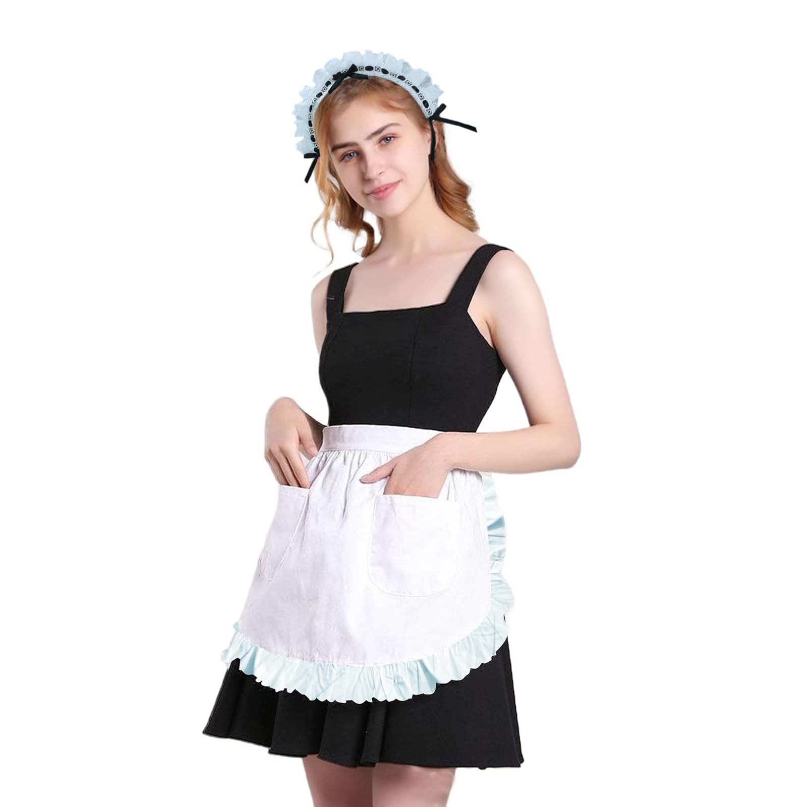 Maid Costume Headband Apron Set, 2Pcs Lolita Cosplay Roleplay Lace Bowknot Hairband White Waist Apron, Perfect for Women, Female, White Color