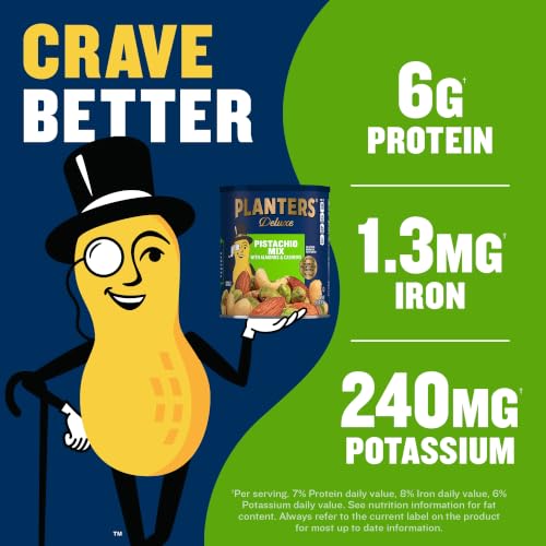 Image of PLANTERS Deluxe Pistachio Mix, Plant Based Protein, 14.5 Oz (1 Ct) | Salted Mixed Nuts: Pistachios, Almonds, Cashews. Snacks for Adults. Resealable Canister. Party Snack