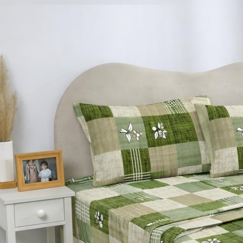 Image of BSB HOME Double Bedsheet 144 TC Microfiber with 2 Pillow Covers | Smooth, Lightweight & Quick-Dry Bed Sheet Set | Comfortable Bedding for Home, Guest Room & Daily Use - Olive Patchwork
