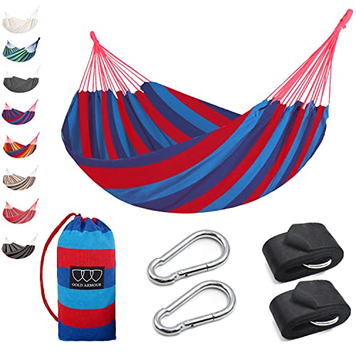 Gold Armour Hammock, Brazilian Style Hammock with Tree Straps for Hanging Durable Hammock, Portable Single Double Hammock for Camping Outdoor Indoor Patio Backyard (Blue & Red Stripe)