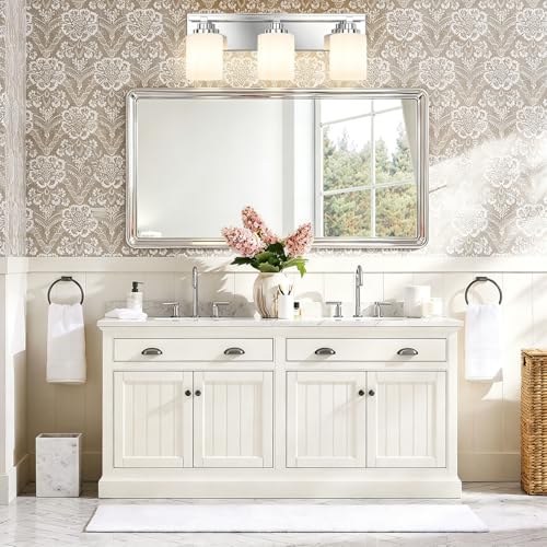 Image of Modern Bathroom Lighting Fixtures Over Mirror, Vanity Lights for Bathroom, Wall Sconces with Milky White Glass Shades, E26 Ceramic Socket, 3-Light 20-inch Chrome