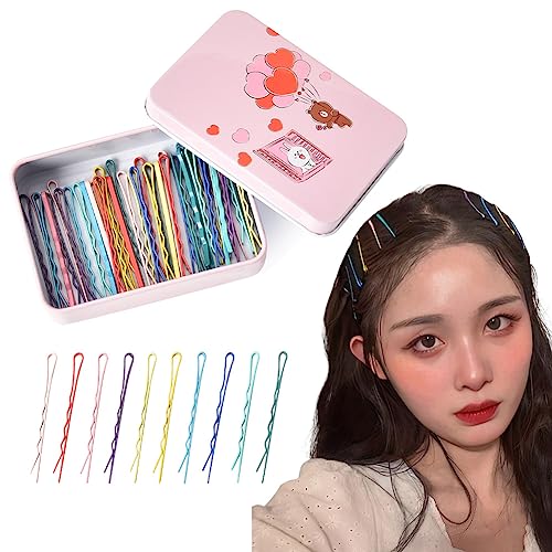 50 Pcs Bobby Hair Pins for Women Thick Thin Hair with Cartoon Barrette Bobby Pin Storage Box Hairpins Hair for Women Girls Short Long Hair Styling Pins for Updo Buns 2.2 Inches Colorful Wave Hair Pin