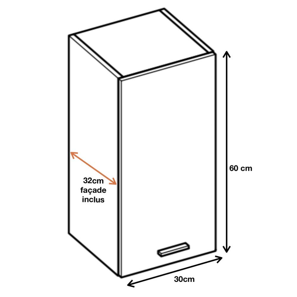 Cuisineandcie - Meuble Haut DE Cuisine ECO Blanc Brillant 1 Porte L 30 cm + 1 étagère - Meuble Cuisine Rangement, Meuble Cuisine, Armoire Cuisine