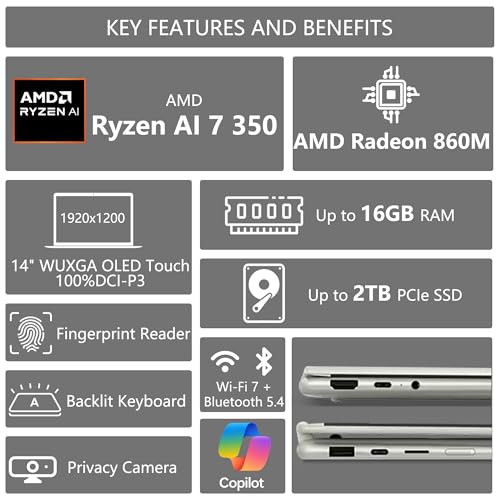 Image of Lenovo Yoga 7 2-in-1 AI PC Laptop | 14 inch WUXGA OLED Touch (100% DCI-P3) | AMD Ryzen AI 7 350 (Up to 50 Tops) | 16GB DDR5 512GB SSD | for Creator Business Professional Win11pro w /DLCA Accessory