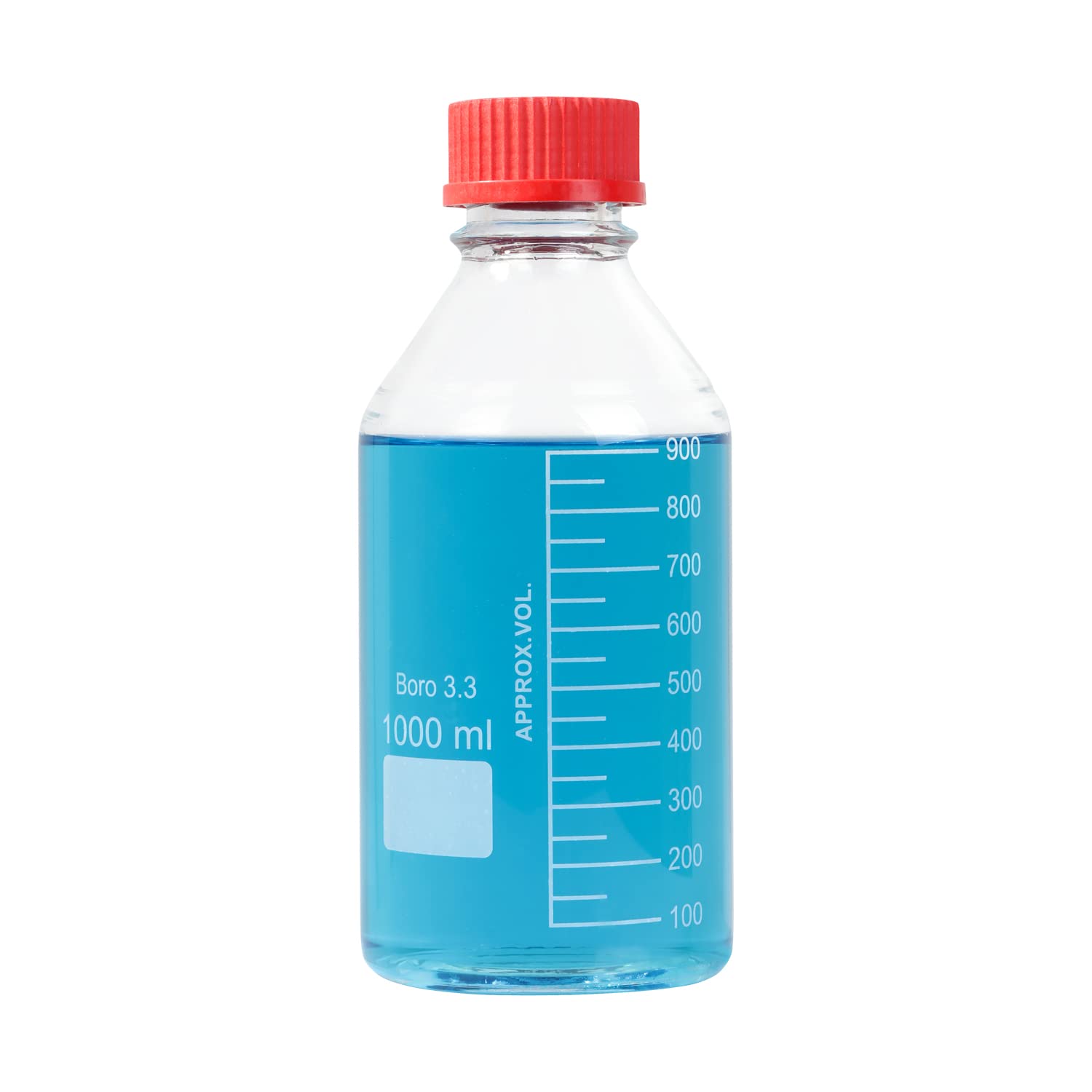 2 Stück 1000 ml abgestufte runde Reagenzmedien-Aufbewahrungs-Laborflaschen mit GL45 PBT rotem Schraubverschluss, 3,3 Borosilikat-Klarglas