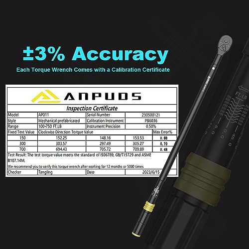 Image of ANPUDS 3 /4 inch Click Torque Wrench, 100-750 Ft-Lb /135.5-1017 Nm, Heavy Duty | ±3% Accuracy, 48-Tooth Quick Release, Cr-V Steel, Dual-Direction, for Semi Truck, Tractor, Diesel Engine, Farm & Industrial