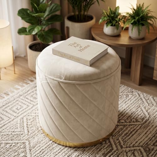 Image of Ottoman Stool, Puffy Stool, Sitting Stool, Modern Upholstered Round Ottoman, Dressing Table for Living-Cream