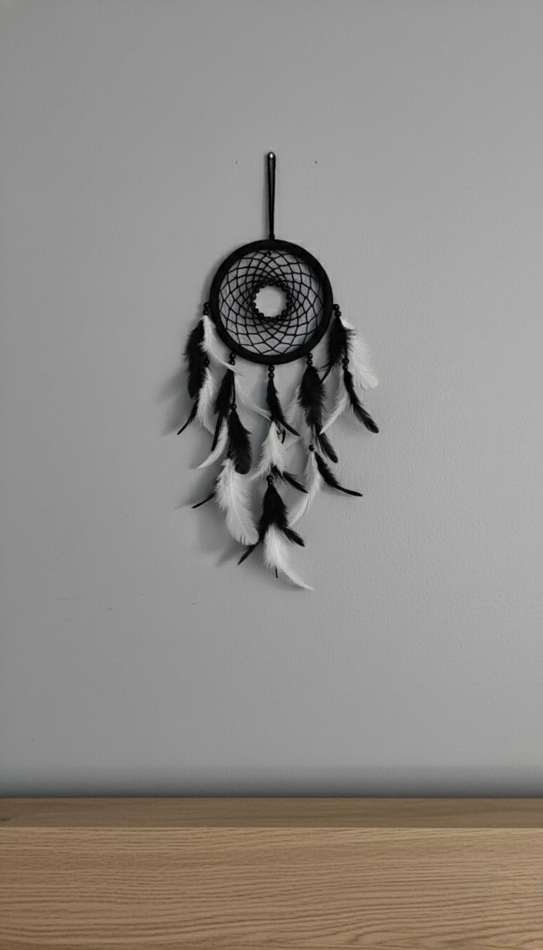 Handmade Black & White Dream Catcher with Natural Feathers & Pearls | 11 Inch Wall Hanging Décor | 4 Inch Ring – Boho Style Home, Bedroom, Car or Gift Item | Premium Wool Thread & Elegant Design-image-13