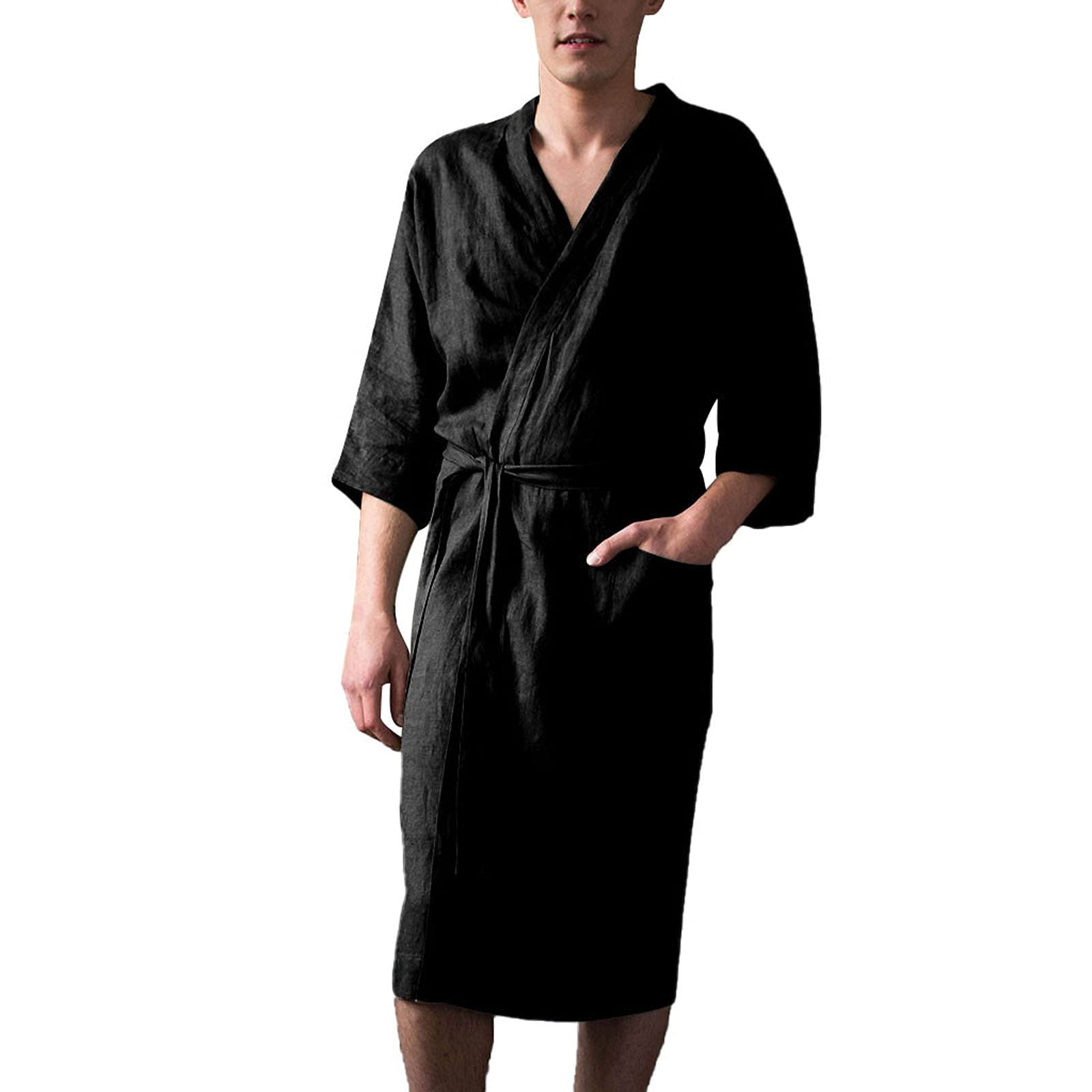 Bathrobe Men's Summer Lightweight Linen Dressing Gown Men's Thin Sauna Gown with Belt Short Kimono Large Sizes House Coat Thin Bathrobes Nightdress Men's Sleepwear Gifts for Men
