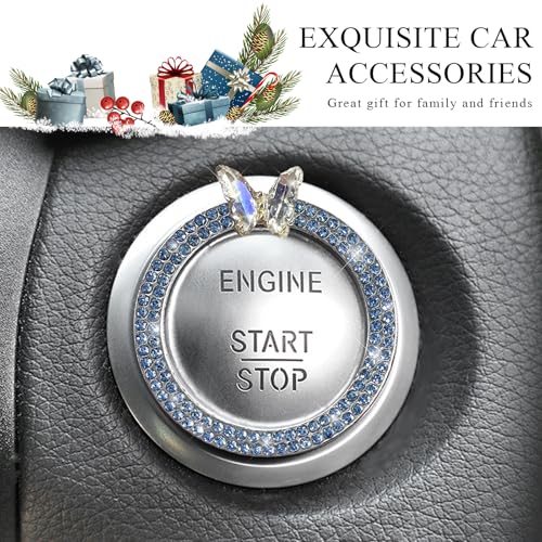 Image of DXNQ 2PCS Bling Ring Emblem, Sparkling Butterfly Car Buttons and Knobs Ring, Girly Butterfly Diamond Car Engine Start Button Cover, Key Ignition Knob Rings Decoration for Women (Blue, Double Row)