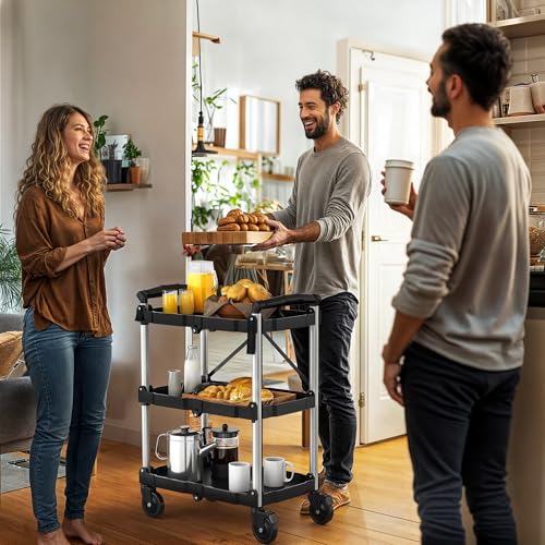 Image of DWVO 3-Tier Foldable Service Cart with Swivel Wheels & Brake, 350LBS | Folding Utility Cart Heavy Duty Collapsible Rolling Cart, 350LBS Portable Utility Cart for Kitchen, Warehouse, Garage