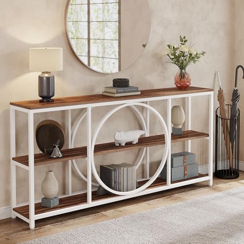 Tribesigns 70.9 inch Sofa Console Table, Extra Long Narrow Entryway Tables with 3 Tier Wood Storage Shelves Industrial Metal Frame for Foyer Hallway Living Room Behind Couch, White Walnut