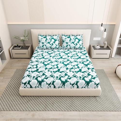 Image of 380 TC Premium Glace Cotton Elastic Fitted Bedsheet King Size with 2 Pillow Covers King Size | Double Bed with All Around Elastic (GreenWhite), Fitted - 72 inchx78 inch King
