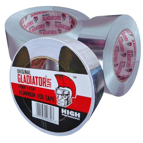 Gladiator Aluminium Foil Tape 48mm x 45m (3 Pack) | Heavy Duty HVAC Duct Tape | Heat Resistant -30C to +120C | Waterproof Seal | Strong Adhesive Metal Tape for Pipes Insulation & Repairs