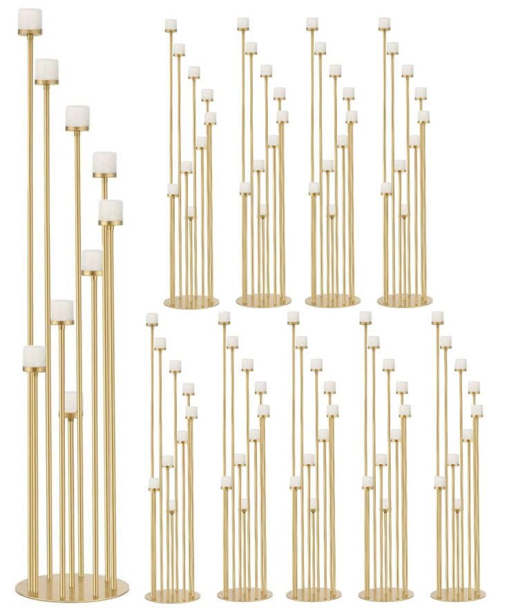 Set of 10 Floor Candelabra Centerpieces,9 Arm Metal Gold Candle Holders Pillar Taper Candlestic for Home Birthday Wedding Banquet Decoration(46.3'' Tall)