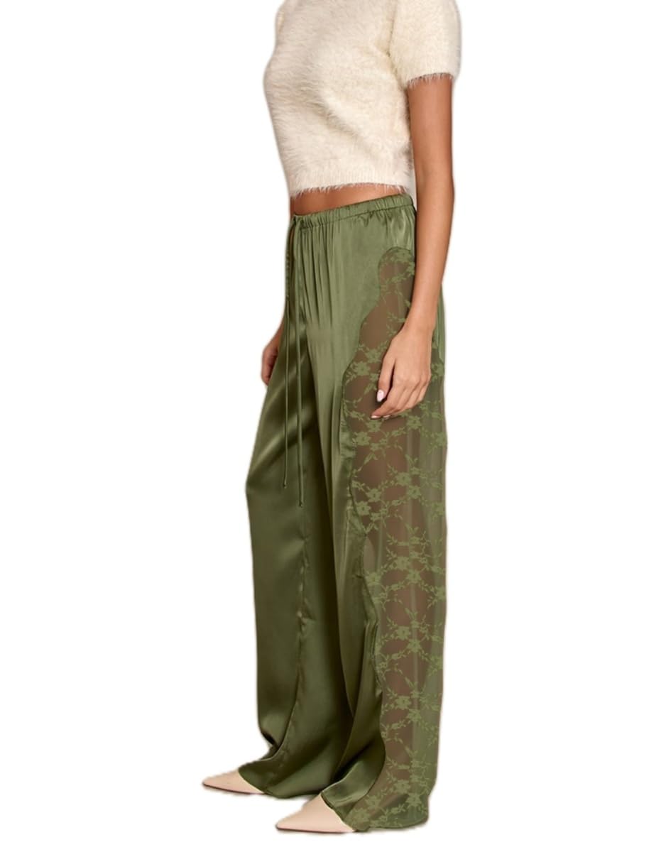 Women Satin Lace Trim Pants Silk Wide Leg Pants Trousers Y2K Coquette Solid Color Pajama Bottoms