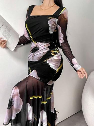 فستان بودي كون بطول منتصف الساق من القماش الشبكي برقبة أنيقة للنساء بقصة ضيقة وأكمام طويلة مكشكش وقابل للتمدد باللون الأسود والرمادي الزهري مقاس واحد