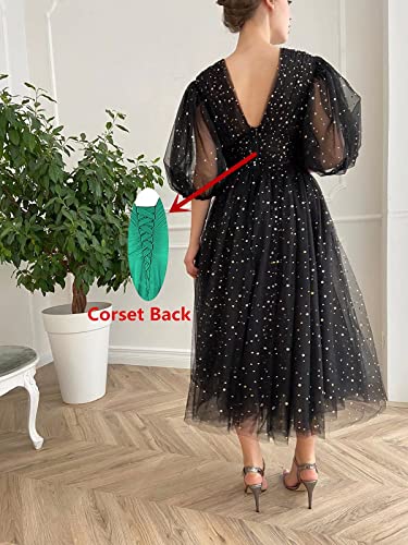 Xijun Women's Sparkle Starry Tulle A Line Puffy Sleeve Prom Dresses with Slit Formal Evening Party Gowns2