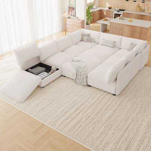 Image of Oversized Corduroy Modular Sectional Sofa Bed with Hidden Storage, Convertible L U Sleeper Couch, Modular Sofa 10 Seat Free Combination with Ottoman & Removable Covers for Living Room, White