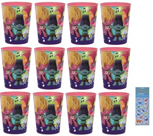 Unique Trolls Birthday Party Supplies Bundle includes 12 Plastic Reusable Party Cups 16oz and 1 Dinosaur Sticker Sheet