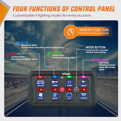 Image of Nilight 8 Gang Switch Panel Blue 12V 24V Circuit Control System 4-Mode | Fuse Wiring Harness Automatic Dimmable LED Pod Toggle /Momentary /Strobe /Flash Modes for Car Pickup Truck Camper SUV