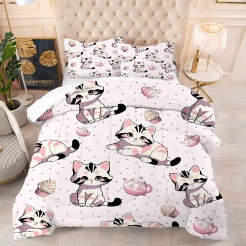 VTKON Pink Cat Comforter Set Twin Size for Girls, Soft Cartoon Cat Bedding Set for All Season Use, Perfect Room Decor of Pink Girls Bedding Set with 1 Comforter 1 Pillowcase