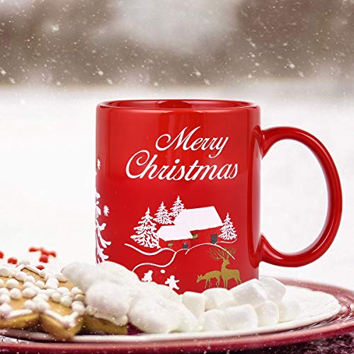 Crazy Deals Christmas Coffee Mug Merry Christmas Cup Snow Scene Red House & Christmas Tree & Deer Decorative Novelty Christmas Gifts Birthday Gifts for Family Friends or Daily Use Ceramic Cup 11oz