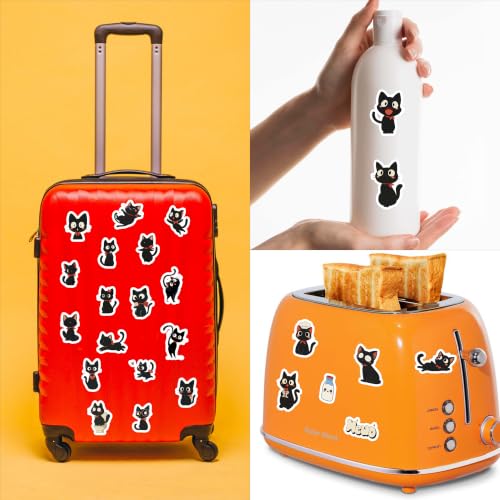Image of Cute Black Cat Sticker Pack of 52 - Kawaii Cartoon Kitty Vinyl Stickers for Laptop, Water Bottle, Notebook, Journal, Scrapbook, Phone Case, Luggage & DIY Decoration | Adorable Cat Lover Collection