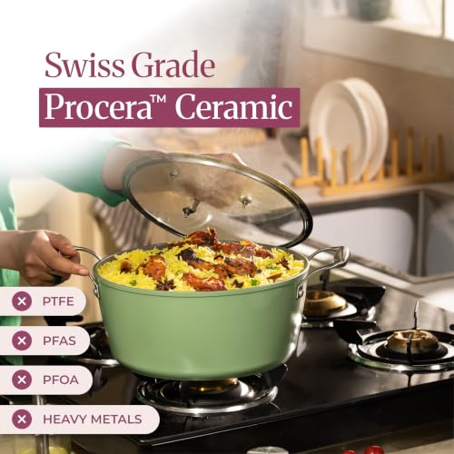 Image of Asai Ceramic Dutch Oven 24cm (4L) with Glass Lid & Silicone Spatula | Green | Procera Swiss Ceramic Non-Stick Coating | Induction, Gas & Electric Compatible | Stay-Cool Handles | Lab Tested