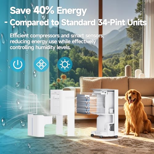Image of 34 Pints Dehumidifiers for Home with 6.56ft Drain Hose, Smart Humidity Control, Max 2441 Sq.Ft Quite & Energy Efficient Dehumidifier for Basement Bedroom Bathroom with Auto Shut Off, 2.5 L Water Tank | 2441 Sq.Ft. Coverage,6.56 ft Drain Hose,LED Display,Quiet,2.5L Water Tank,Auto Defrost,360Wheels