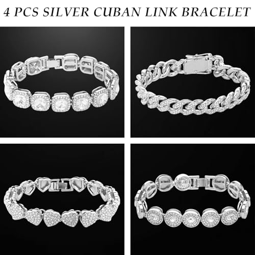 4 Pcs Silver Cuban Link Bracelet for Women Heart Charm Tennis Bracelets Fashion Jewelry Set for Party Daily Wear2
