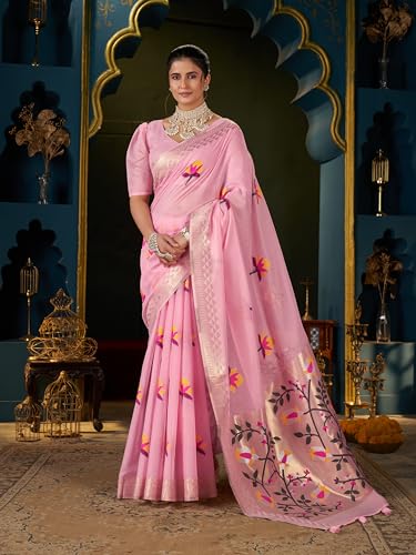 Image of MADHUHANSH Women's Cotton Linen Saree with Unstitched Blouse Piece and Floral Printed Pattern | Women Saree for Special Occasion | Stylish Modern Sarees