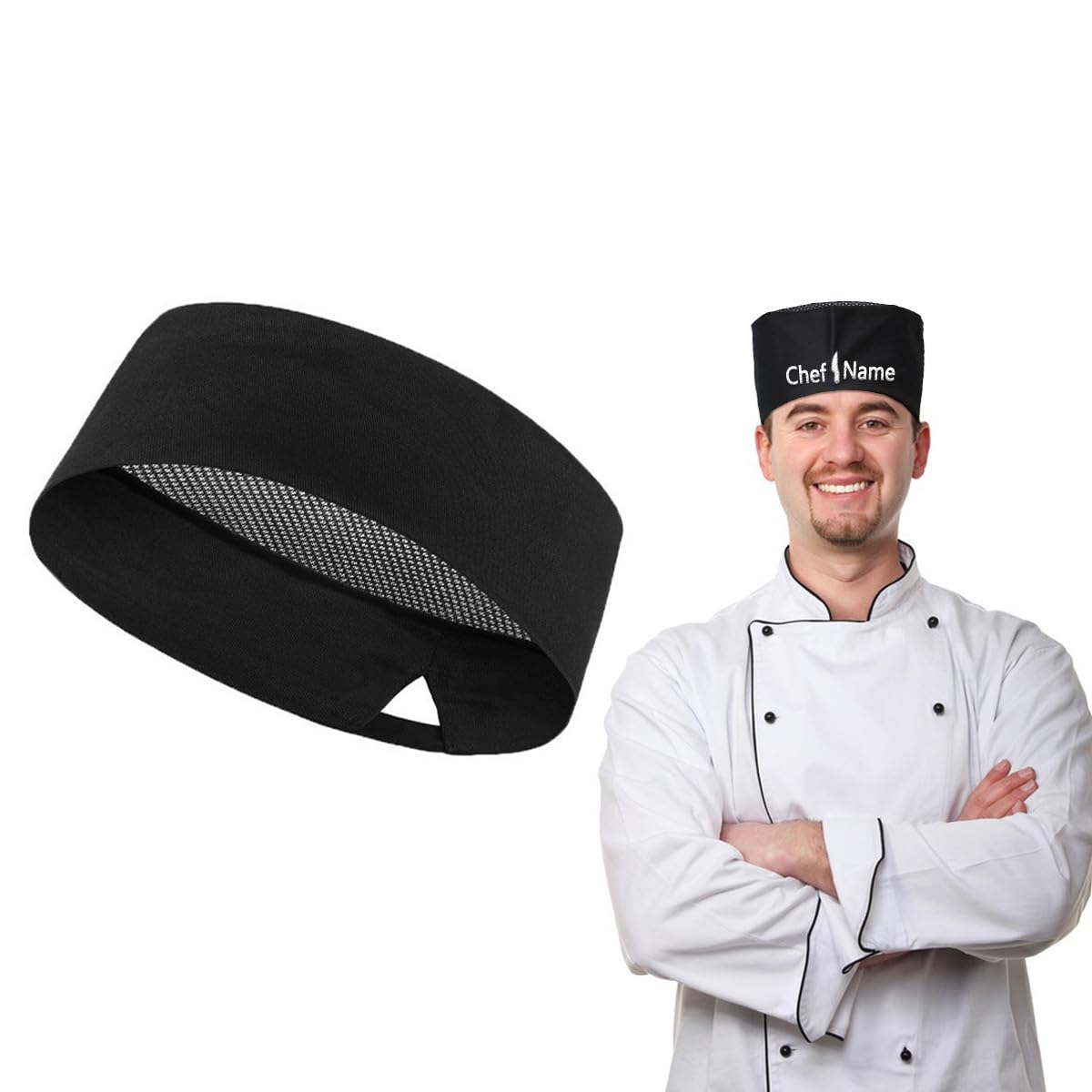 Personalzied Chef Hats Adjustable Unisex Adult Kitchen Cooking Caps with Breathable Mesh Top, Available in White and Black